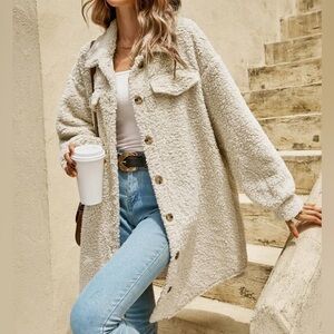 Cream Teddy Sherpa Jacket EUC Long Shacket Coat Shearling Fuzzy Oversized Fit